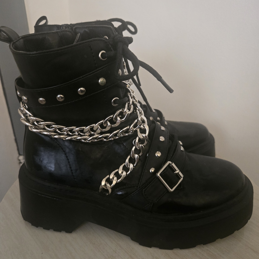 Black Leather Ankle Boots with Silver Chains